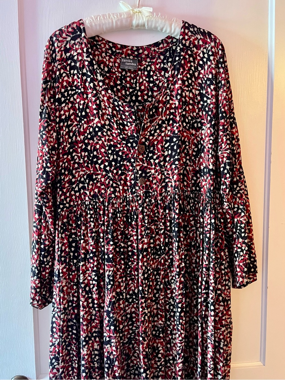 Boxy Red & Black Batik Printed Long Sleeve Dress with Pockets